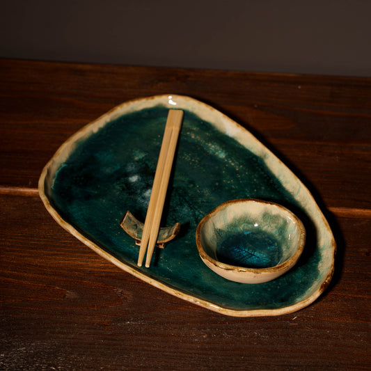 Zestaw ceramiczny „Morska Głębia” – taca z miseczką i podstawką - MINI