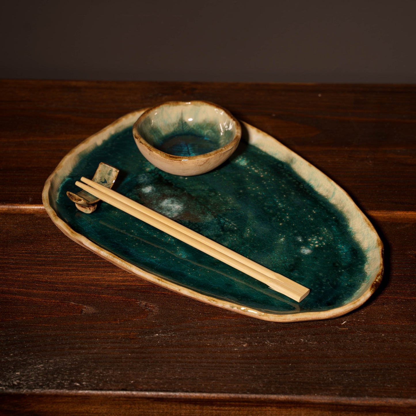 Zestaw ceramiczny „Morska Głębia” – taca z miseczką i podstawką - MINI